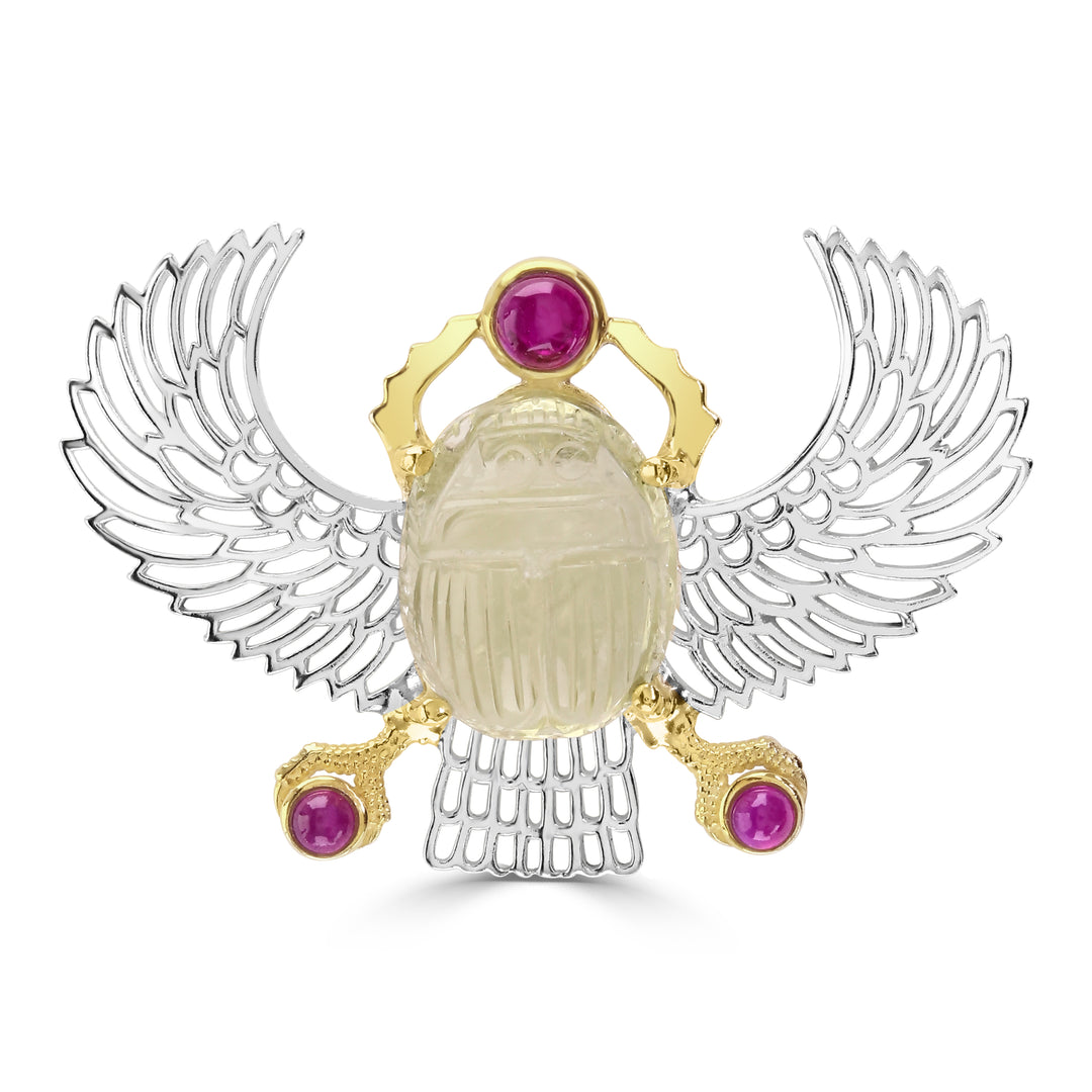 Libyan desert glass Gold tektite winged scarab pendant with rubies silver gold