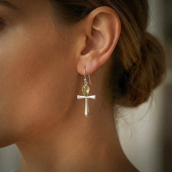 Gold Tektite Ascendant Ankh Earrings
