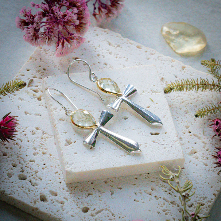 Gold Tektite Ascendant Ankh Earrings