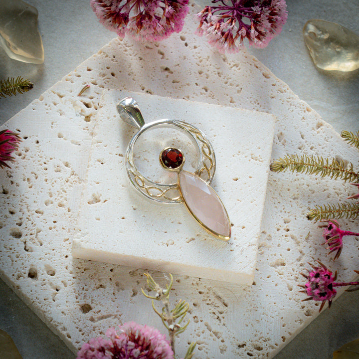 Rose Quartz & Garnet Celtic Angel Pendant