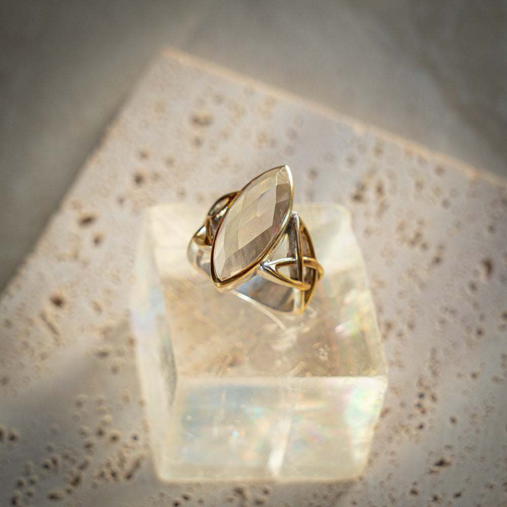 Faceted Infinity Knot Ring Gold Tektite Celtic Silver Gold USA UK Moldavite Esoteric Healing Spiritual Sacred Ethical Gemstone Glastonbury