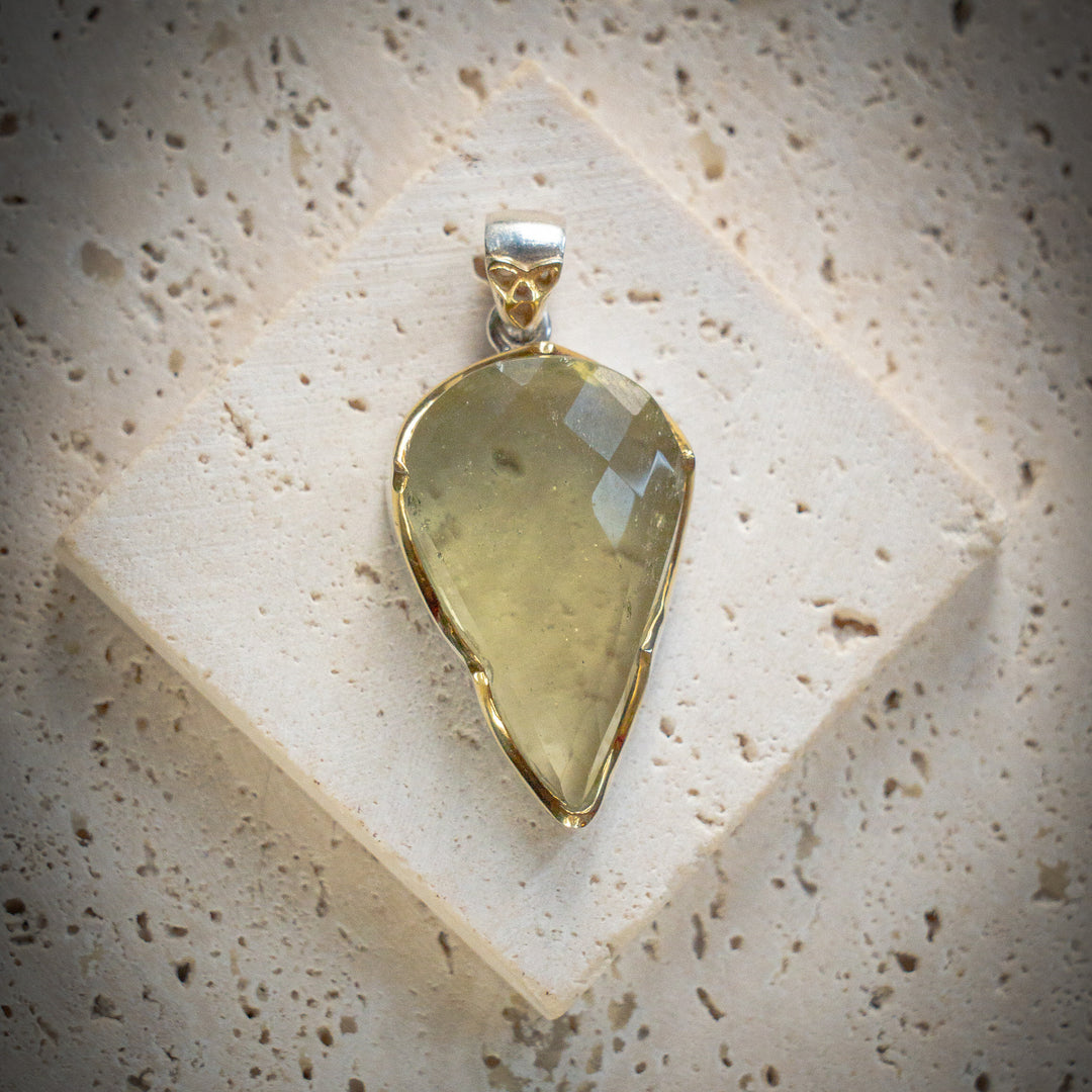 Deluxe Crown Set Faceted Gold Tektite Pendant