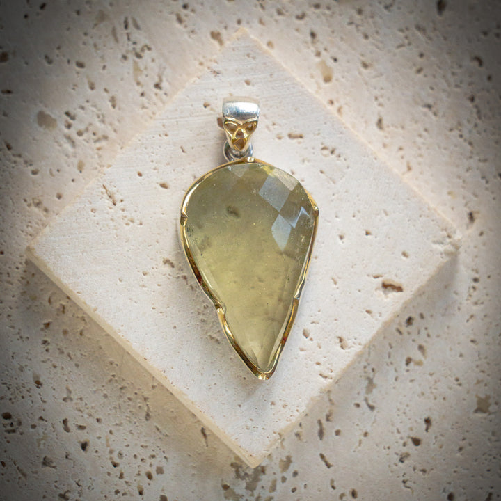Deluxe Crown Set Faceted Gold Tektite Pendant