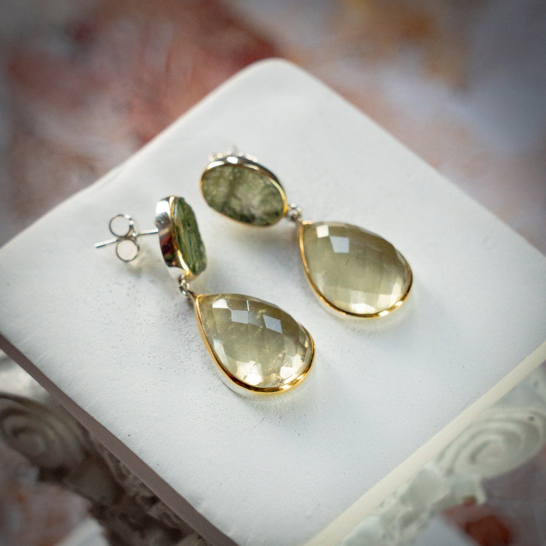 Deluxe XL Gold Tektite & Moldavite Drop Earrings