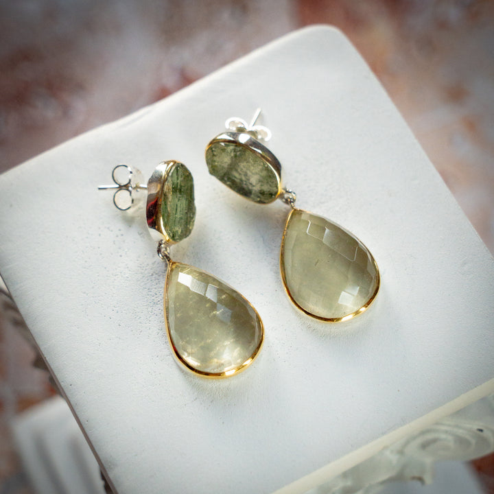 Deluxe XL Gold Tektite & Moldavite Drop Earrings