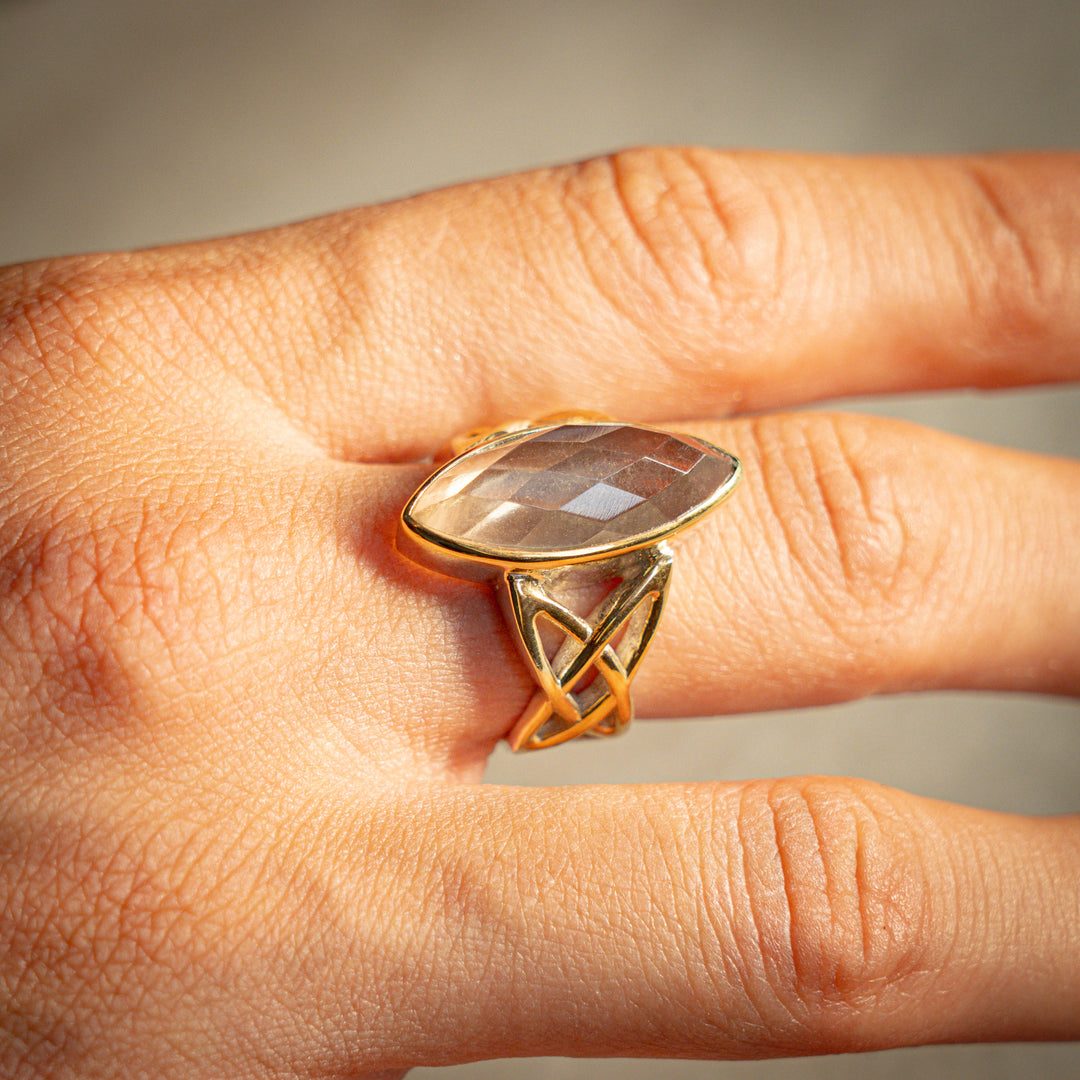 Faceted Infinity Knot Ring Gold Tektite Celtic Silver Gold USA UK Moldavite Esoteric Healing Spiritual Sacred Ethical Gemstone Glastonbury