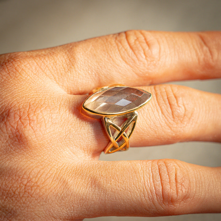 Faceted Infinity Knot Ring Gold Tektite Celtic Silver Gold USA UK Moldavite Esoteric Healing Spiritual Sacred Ethical Gemstone Glastonbury