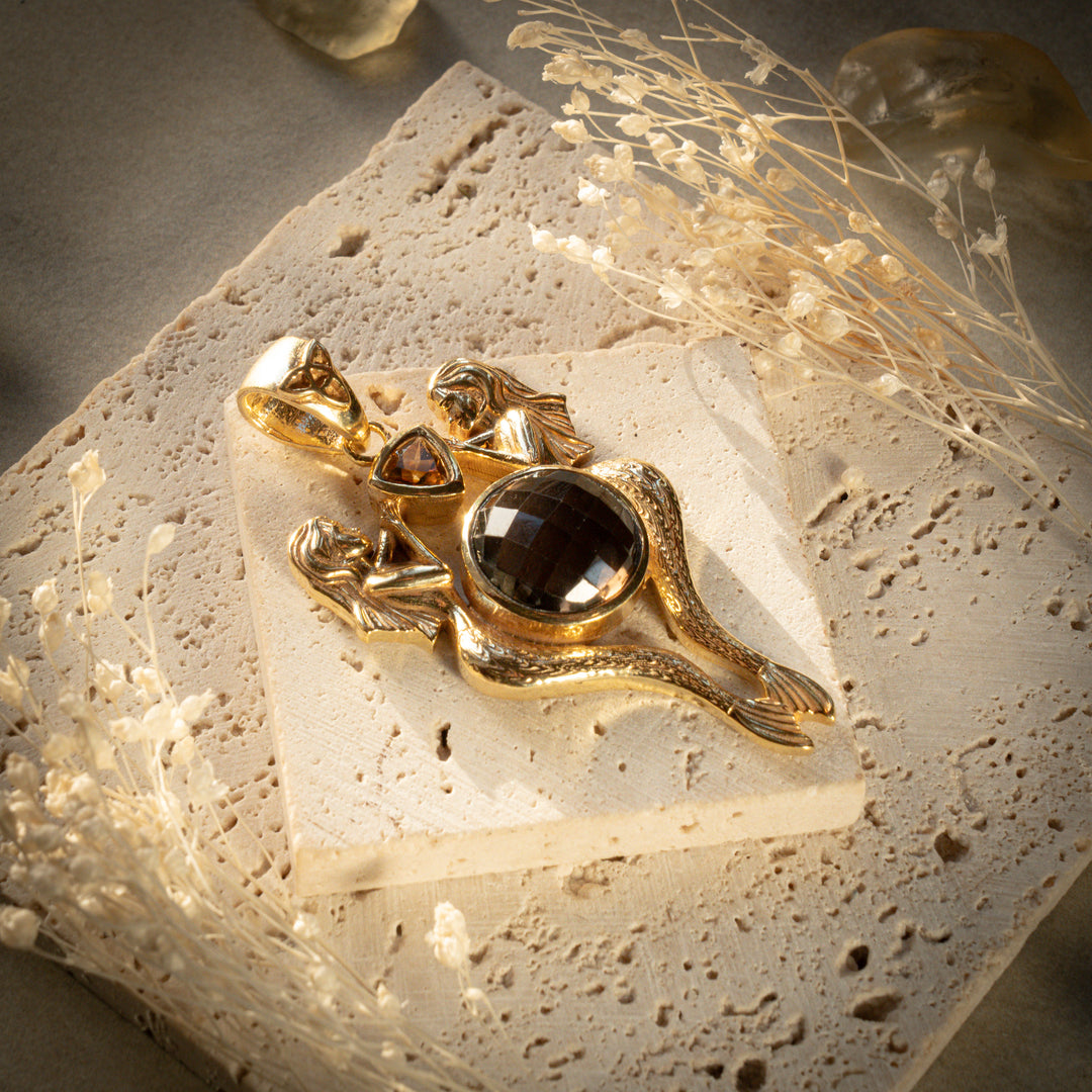 Gilded Smoky Quartz Mermaid’s Relic Pendant