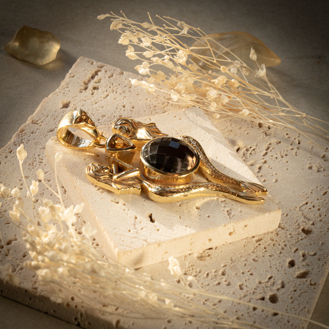 Gilded Smoky Quartz Mermaid’s Relic Pendant