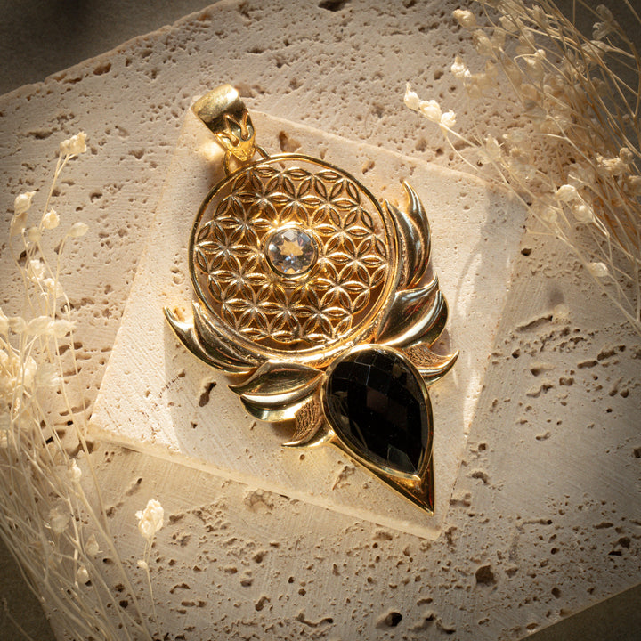 Gilded Smoky Quartz Sacred Bloom Pendant