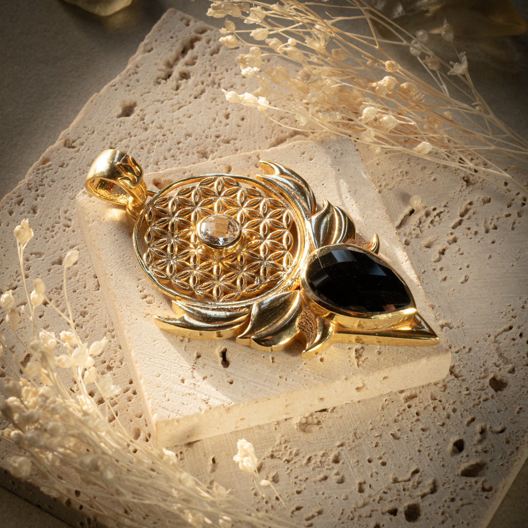Gilded Smoky Quartz Sacred Bloom Pendant