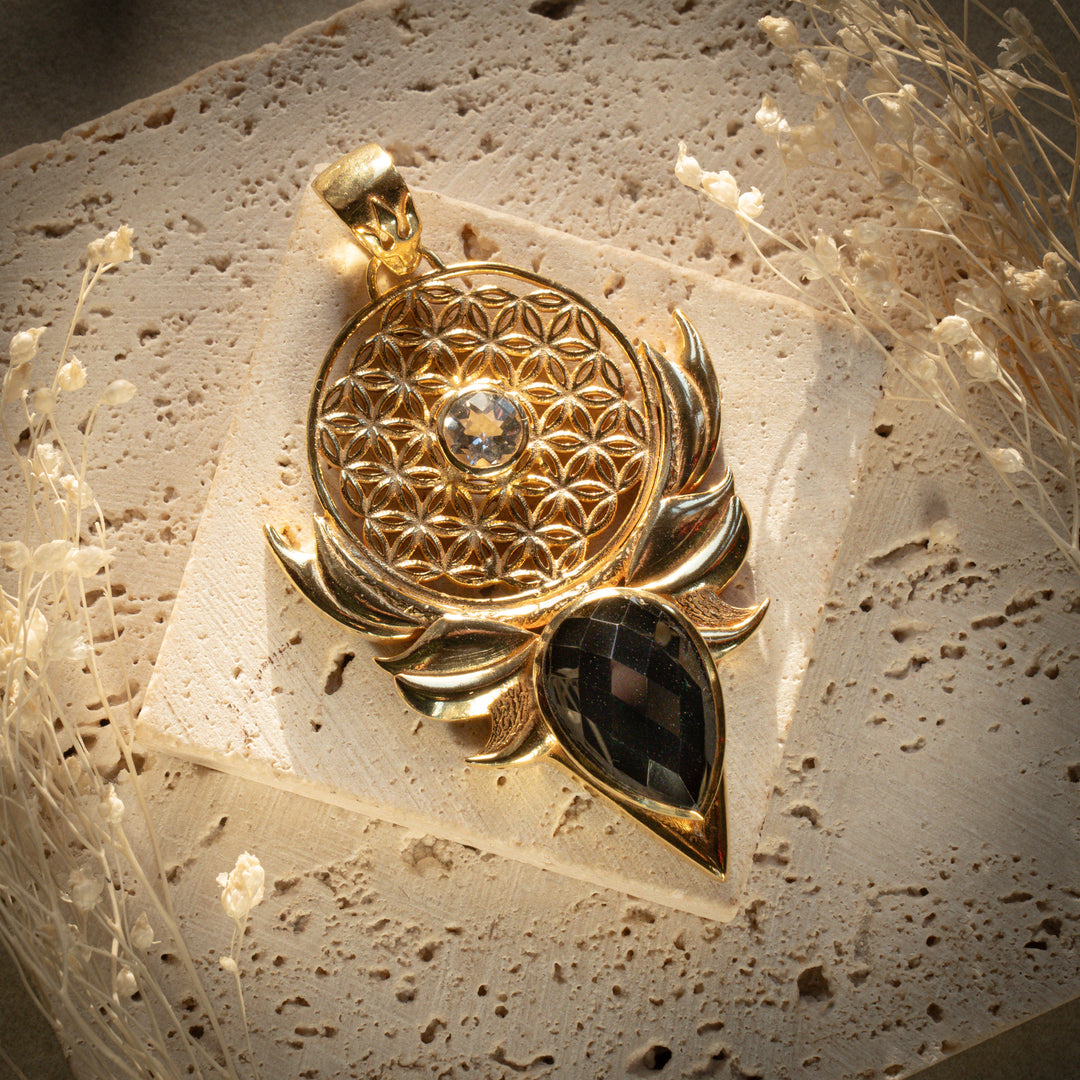 Gilded Smoky Quartz Sacred Bloom Pendant