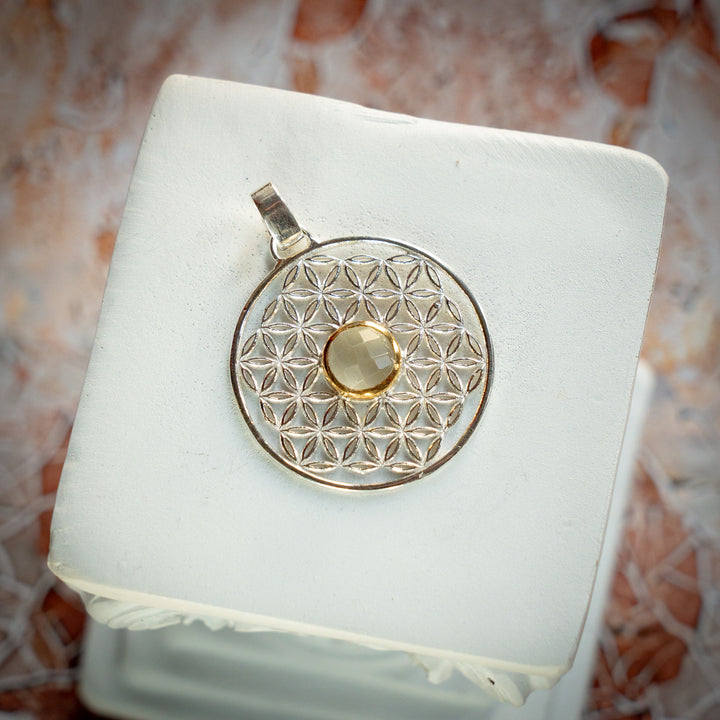 gold tektite flower of life sacred geometry pendant 925 sterling silver gold spiritual jewelry jewellery StoneAge Glastonbury Moldavite