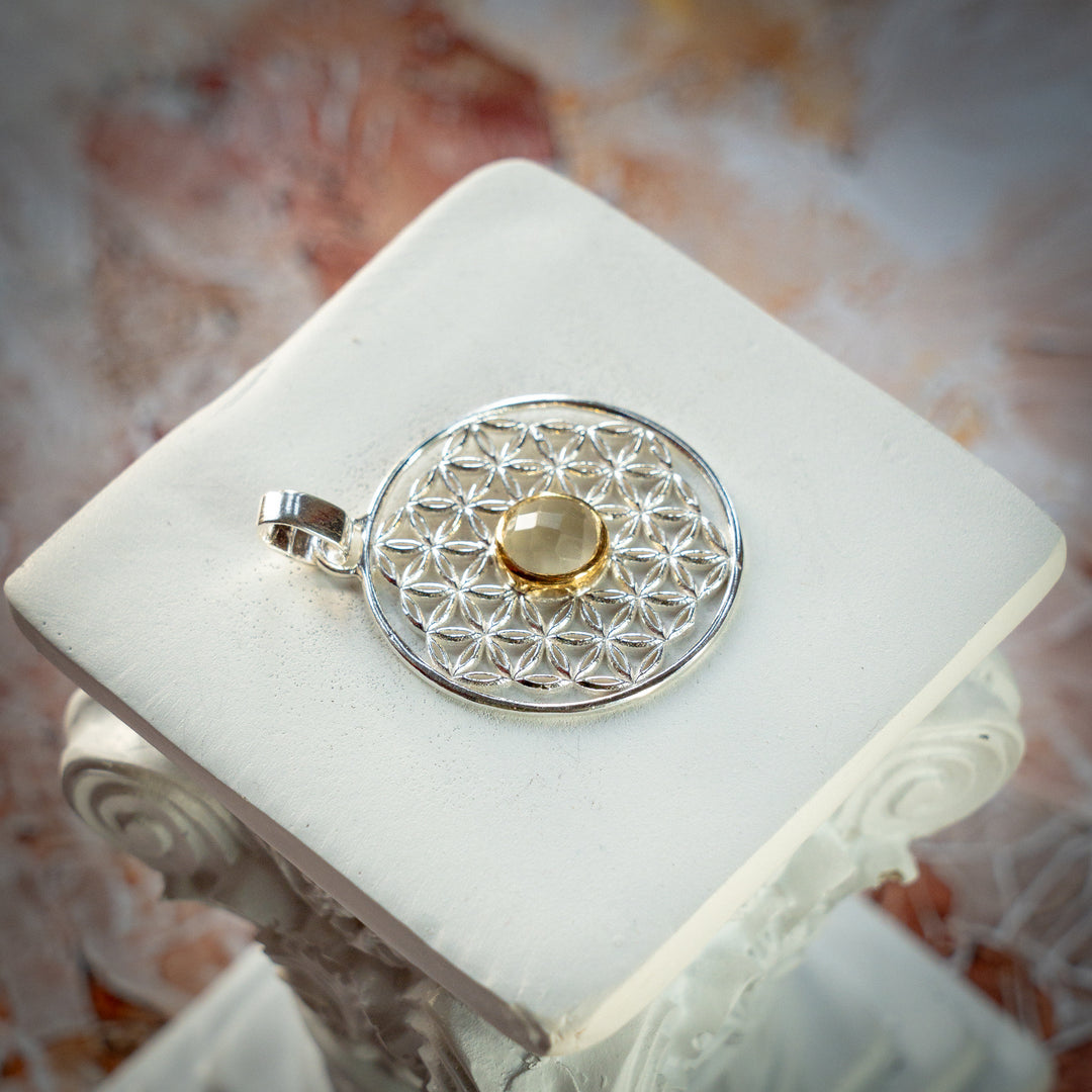 gold tektite flower of life sacred geometry pendant 925 sterling silver gold spiritual jewelry jewellery StoneAge Glastonbury Moldavite