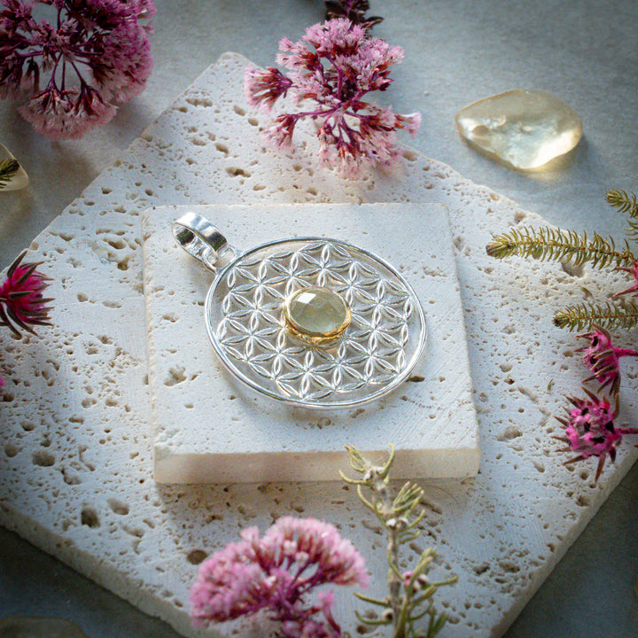 Gold Tektite Flower of Life Pendant