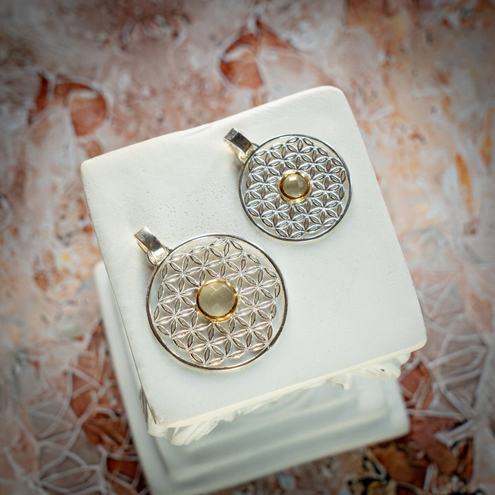 gold tektite flower of life sacred geometry pendant 925 sterling silver gold spiritual jewelry jewellery StoneAge Glastonbury Moldavite
