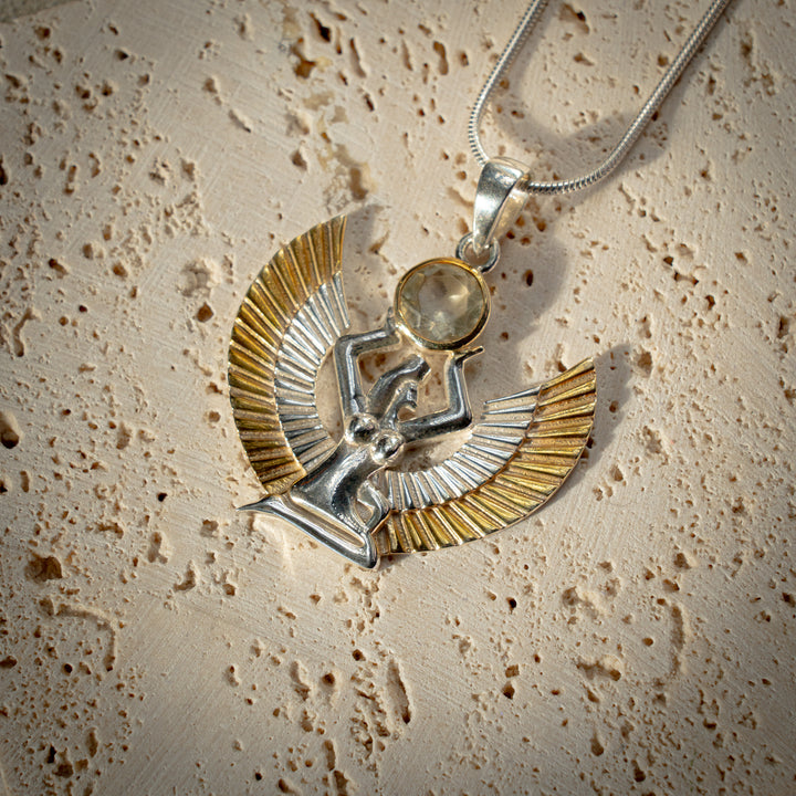 Gold Tektite Goddess Isis Egyptian-inspired silver jewellery featuring carved scarabs, Ankhs, and divine motifs – handcrafted silver and gold designs echoing the mysticism of ancient Egypt