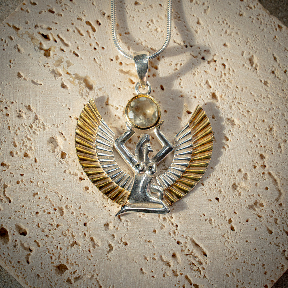 Gold Tektite Goddess Isis Egyptian-inspired silver jewellery featuring carved scarabs, Ankhs, and divine motifs – handcrafted silver and gold designs echoing the mysticism of ancient Egypt