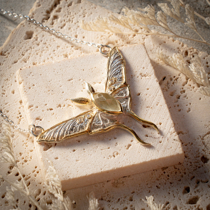 Gold Tektite Spirit Moth Necklace