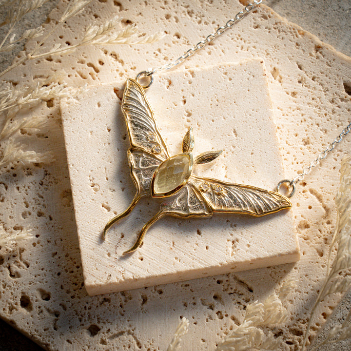 Gold Tektite Spirit Moth Necklace