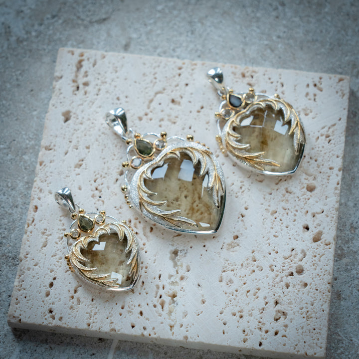 Gold Tektite & Moldavite Angel Heart Pendant