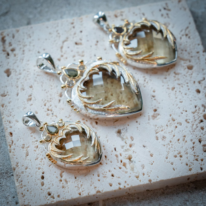 Gold Tektite & Moldavite Angel Heart Pendant