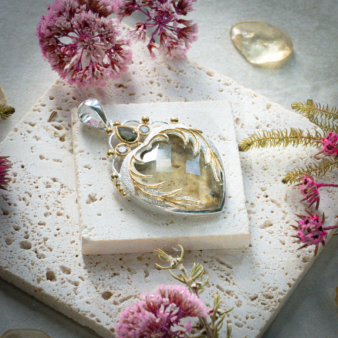 Gold Tektite & Moldavite Angel Heart Pendant