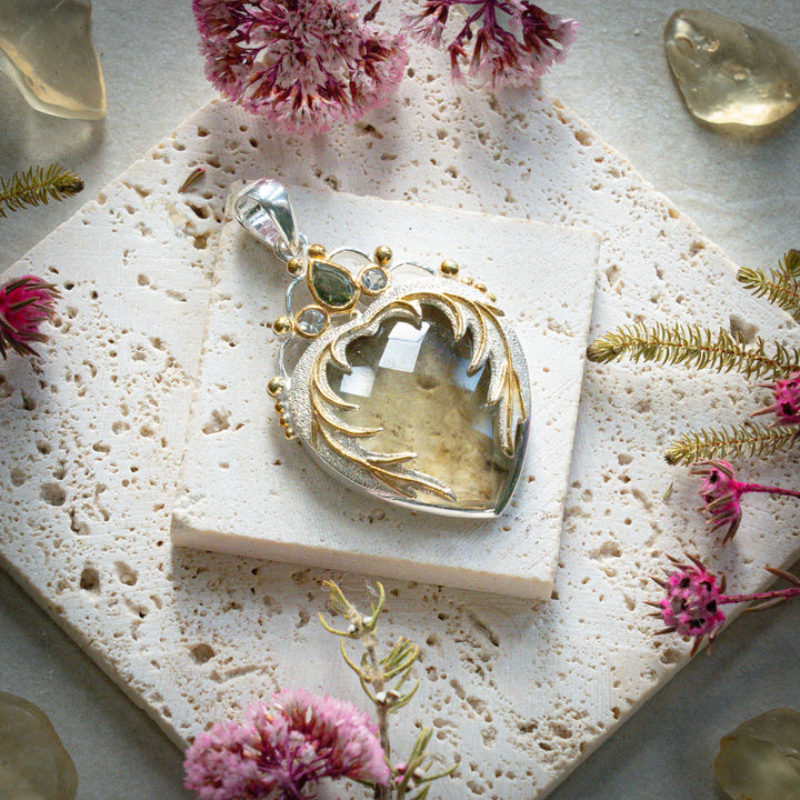 Gold Tektite & Moldavite Angel Heart Pendant