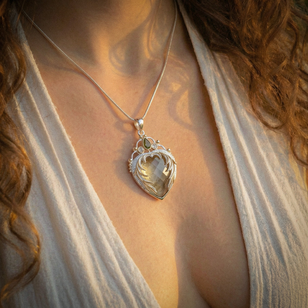 Gold Tektite & Moldavite Angel Heart Pendant