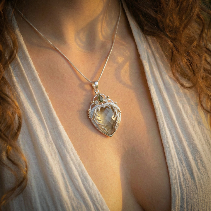 Gold Tektite & Moldavite Angel Heart Pendant