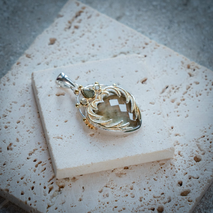 Gold Tektite & Moldavite Angel Heart Pendant