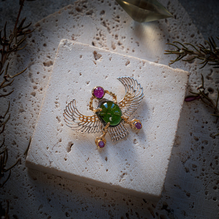 Green Tourmaline Winged Scarab Pendant