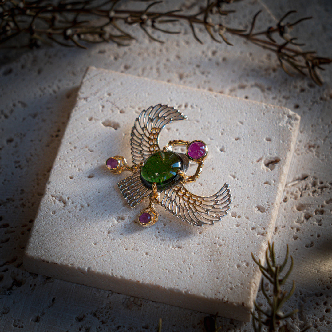 Green Tourmaline Winged Scarab Pendant