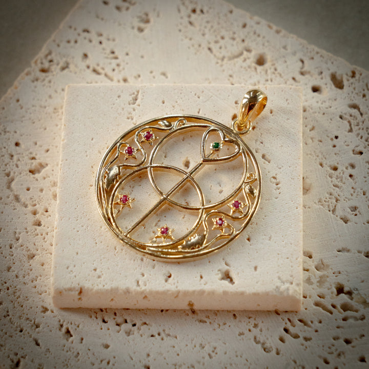 Large 9crt Gold Chalice Well Vesica - Ruby & Emerald