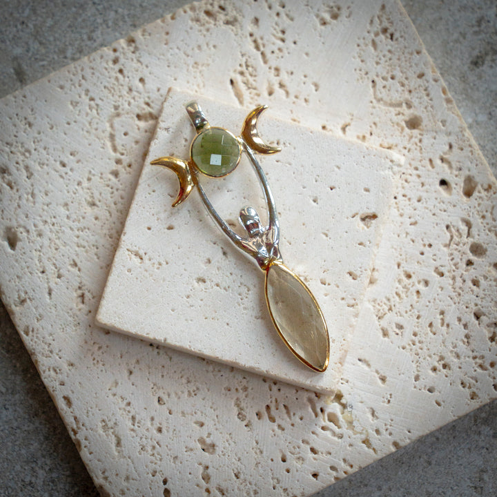 Moldavite & Gold Tektite Triple Moon Goddess