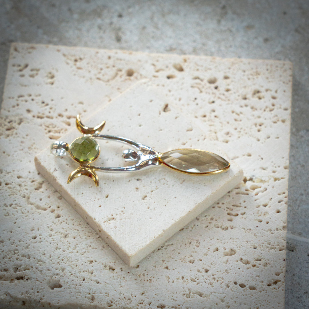 Moldavite & Gold Tektite Triple Moon Goddess