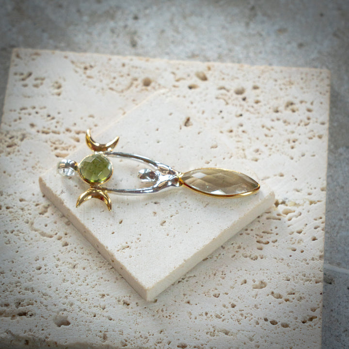 Moldavite & Gold Tektite Triple Moon Goddess