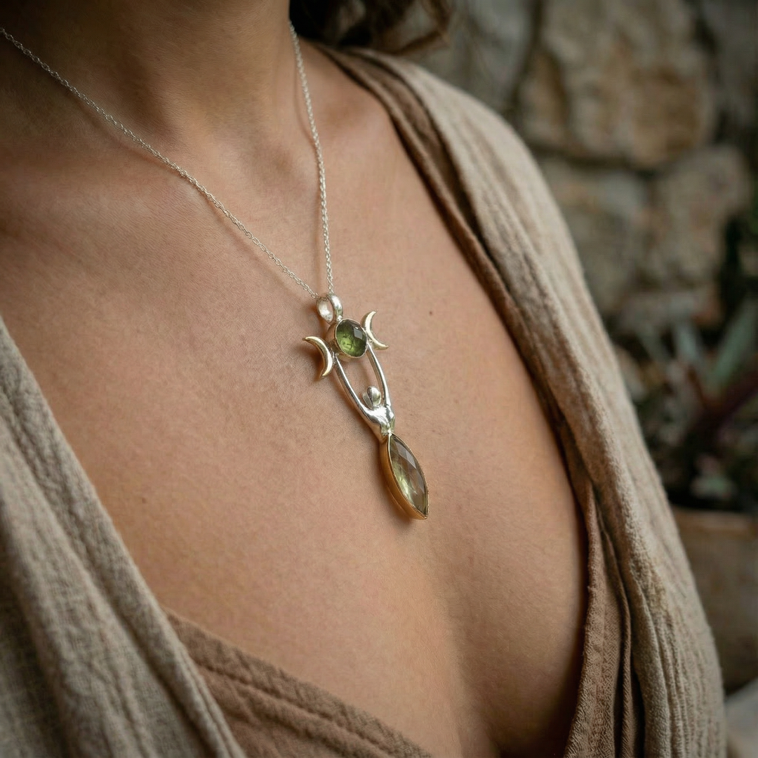 Moldavite & Gold Tektite Triple Moon Goddess