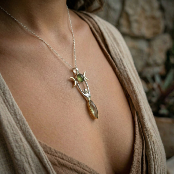 Moldavite & Gold Tektite Triple Moon Goddess