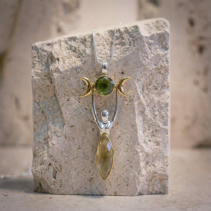 Moldavite & Gold Tektite Triple Moon Goddess