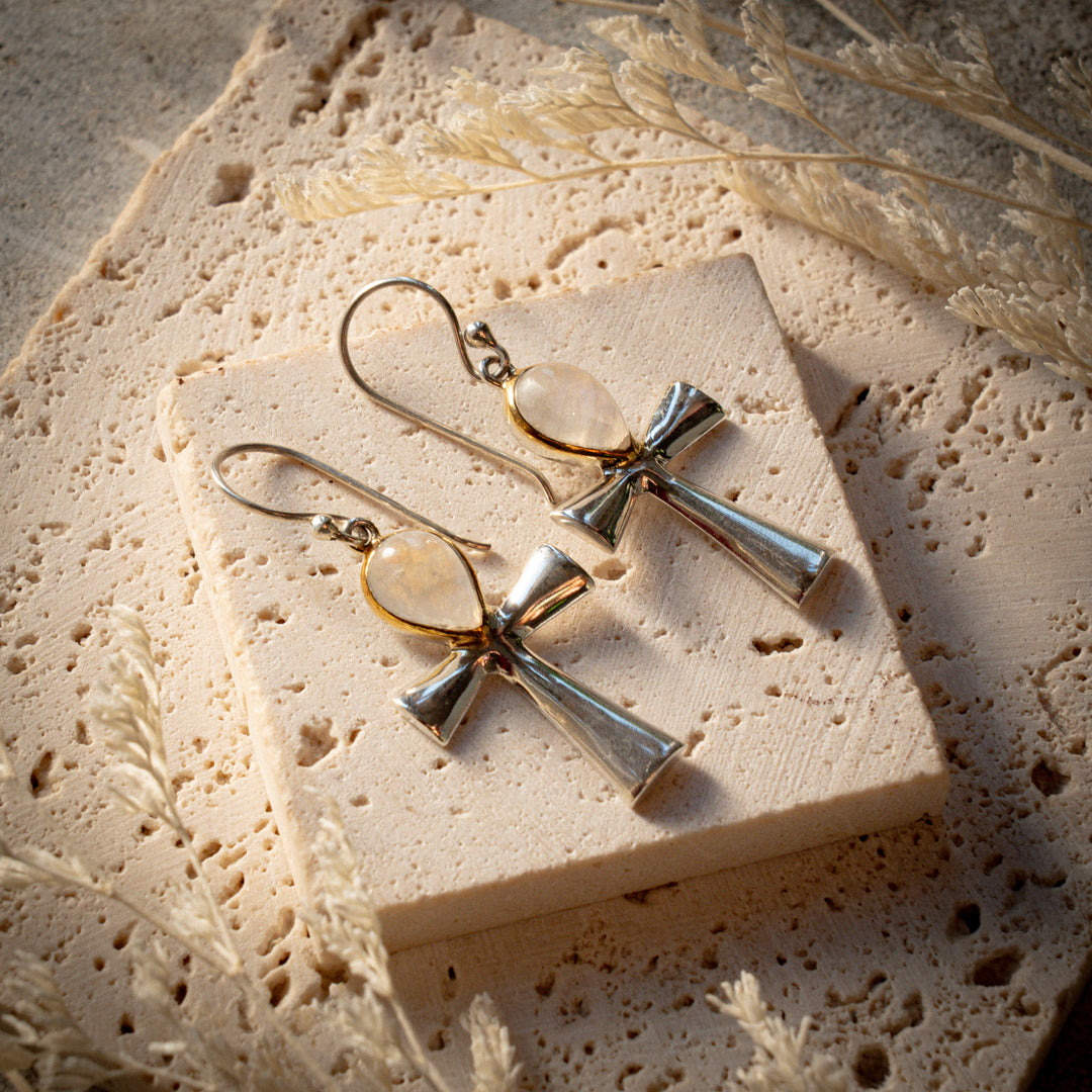 Rainbow Moonstone Ascendant Ankh Earrings