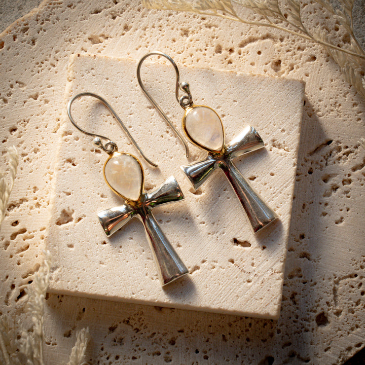 Rainbow Moonstone Ascendant Ankh Earrings