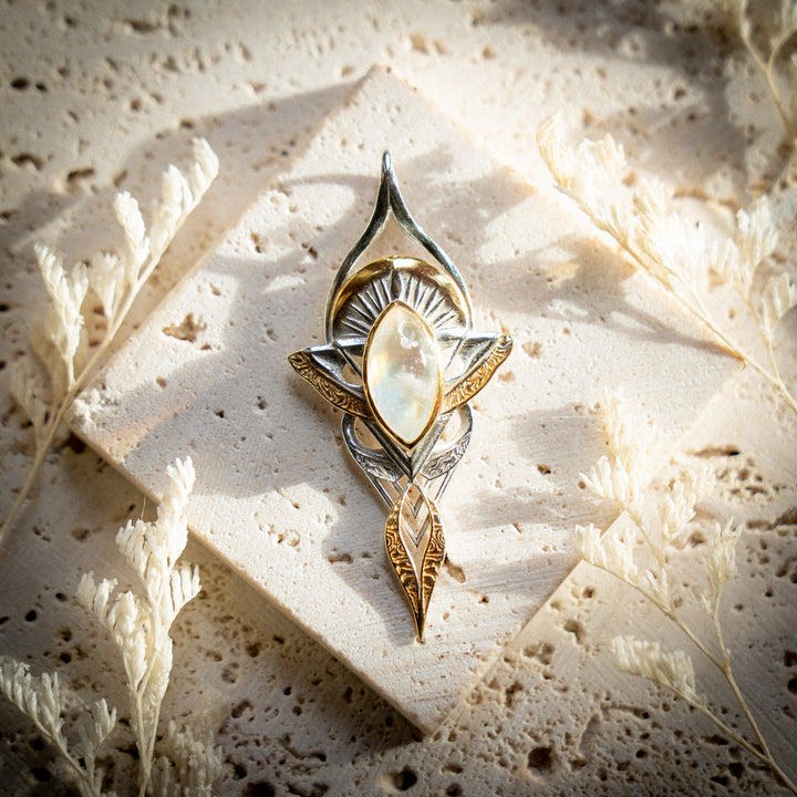 Rainbow Moonstone Guiding Light Pendant in 925 sterling silver with 24k gold vermeil details by StoneAge Glastonbury