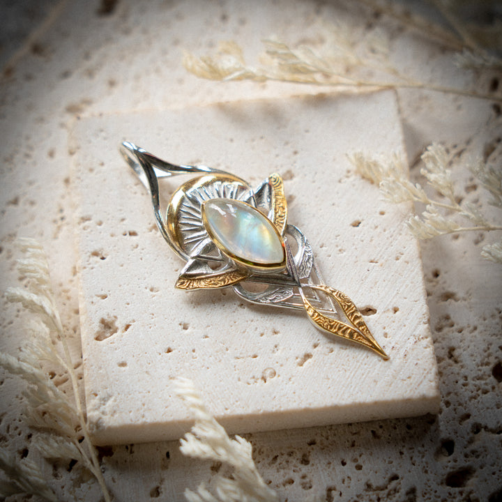 Rainbow Moonstone Guiding Light Pendant in 925 sterling silver with 24k gold vermeil details by StoneAge Glastonbury
