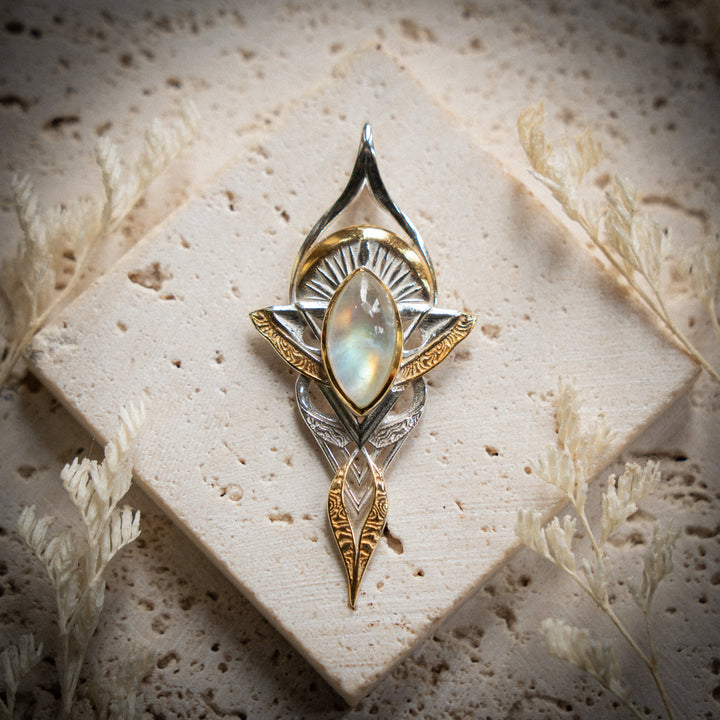 Rainbow Moonstone Guiding Light Pendant in 925 sterling silver with 24k gold vermeil details by StoneAge Glastonbury