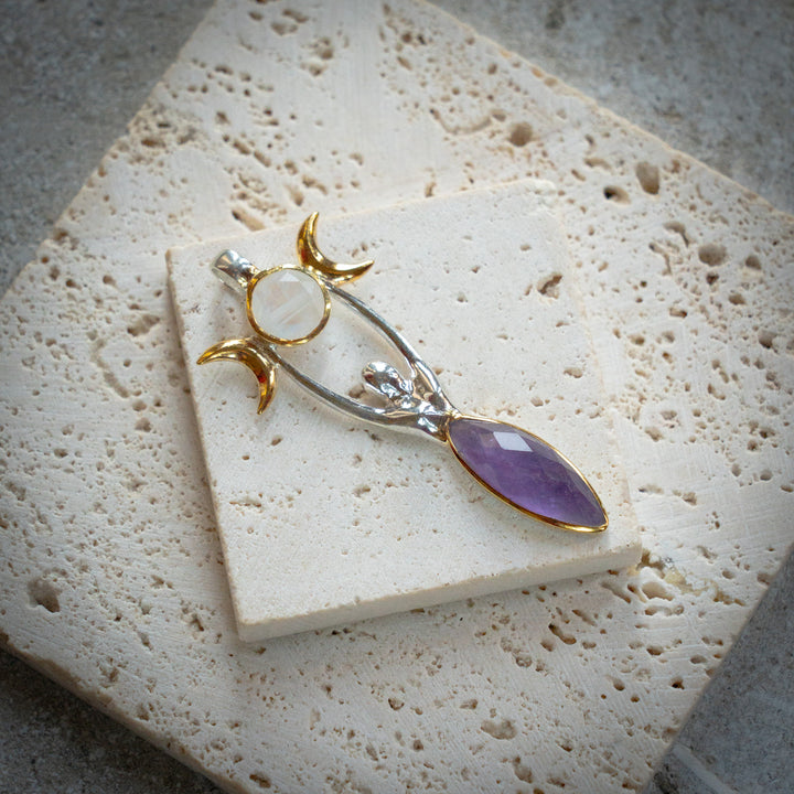 Rainbow Moonstone & Amethyst Triple Moon Goddess