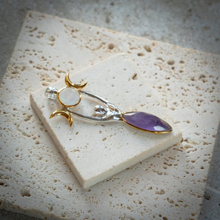 Rainbow Moonstone & Amethyst Triple Moon Goddess