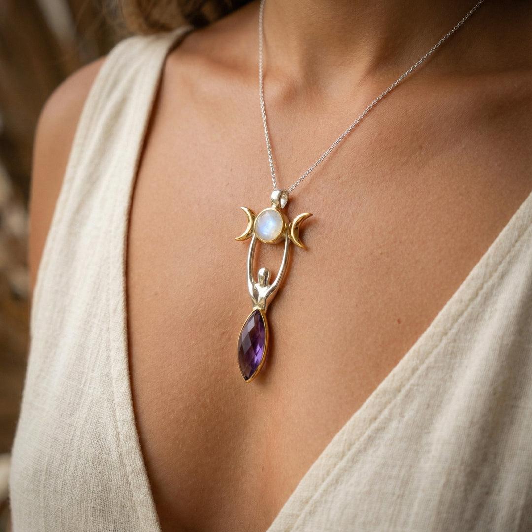Rainbow Moonstone & Amethyst Triple Moon Goddess