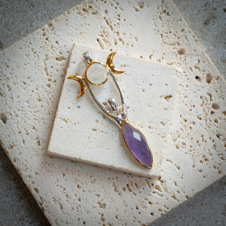 Rainbow Moonstone & Amethyst Triple Moon Goddess