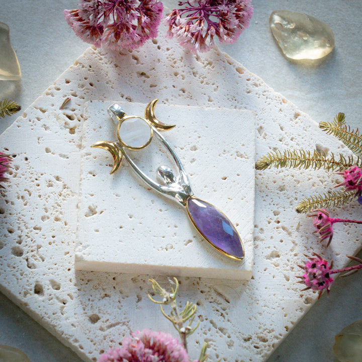Rainbow Moonstone & Amethyst Triple Moon Goddess